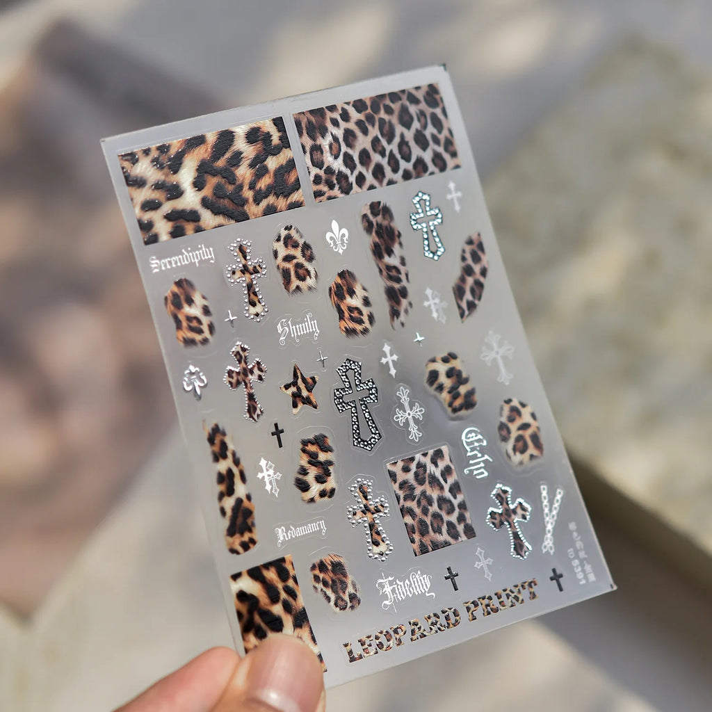Retro Leopard Print Heart-shaped Nail Art Stickers 5D Metal Nail Sticker European and American Style Manicure Decorations Decals