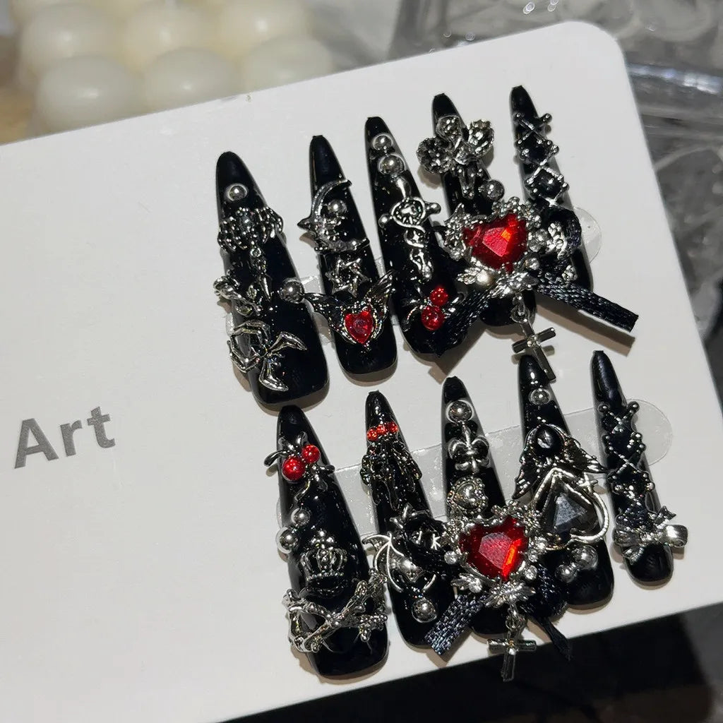 Menhera Y2K Spice Girls Black Red Long Tip Handmade Press On Nails Cross Spider Love Diamond Fake Nails Bow Cool Dark Nail Art
