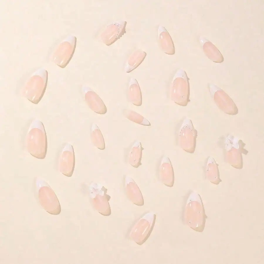 24 pieces wearing nail almond shape white French pointed pearl bow removable nail patch fake nail nails
