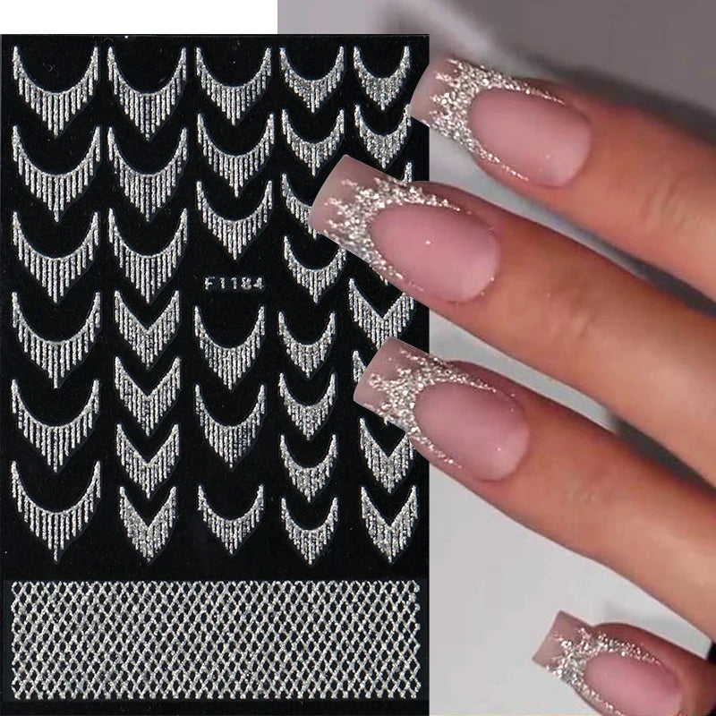 Reflective Glitter French Nail Art Stickers Sparkly Gold Silver Tassel Line Geometric Grids Adhesive Sliders Decals DIY Manicure
