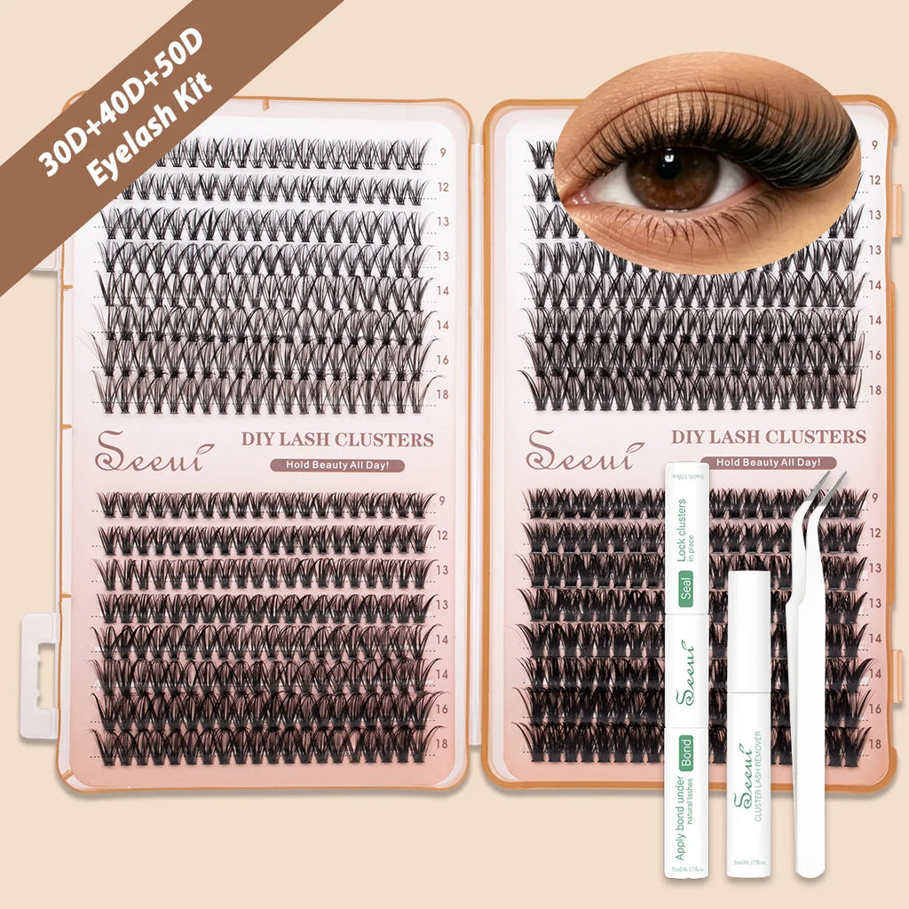 SEEUI Lash Clusters Kit Natural Look Large Capacity Lash Extension Kit with Lash Bond And Seal Eyelash Tweezers
