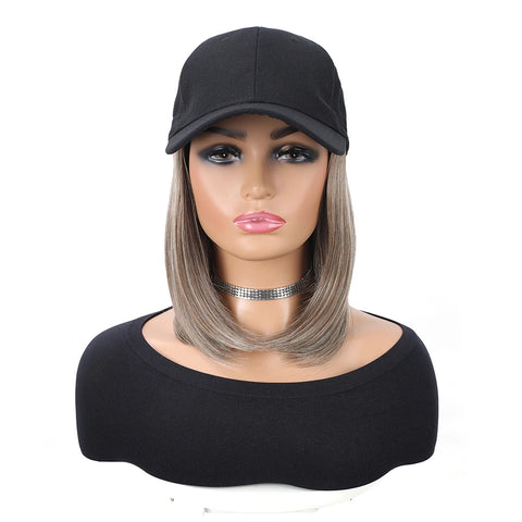 Baseball Cap with Synthetic Hair Extensions Heat Resistant 10 Inch Adjustable Short Straight Bob Wigs in Hat for Women Daily Use