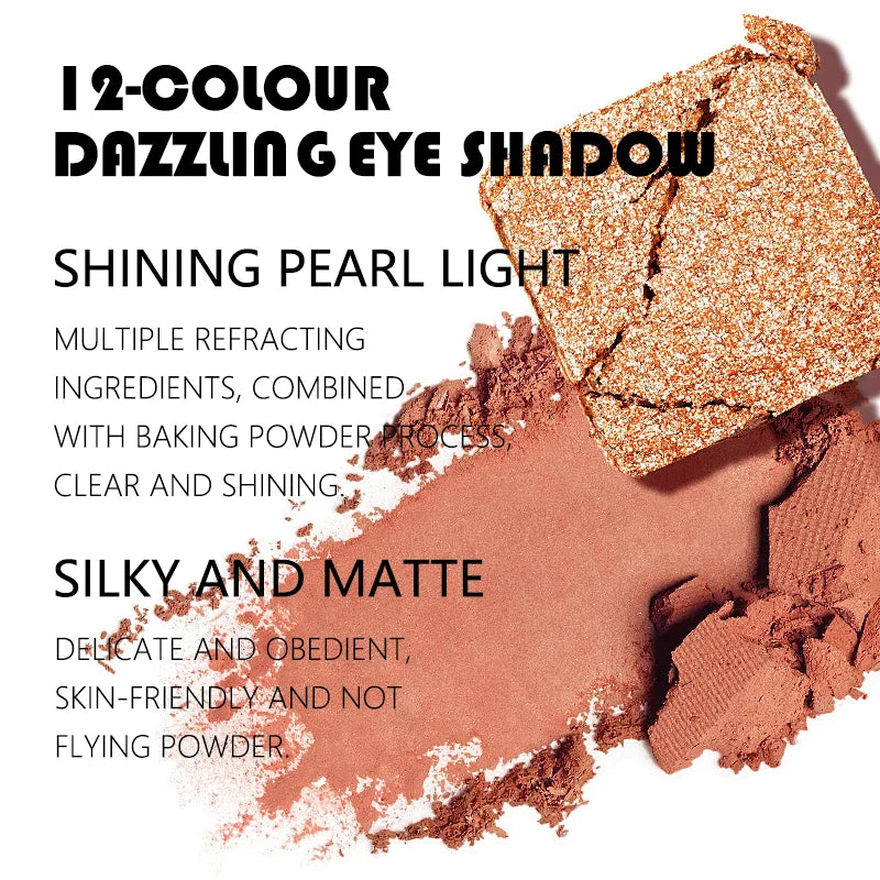 12-color eyeshadow palette, mirror packaging, pearlescent shimmer, stage makeup effect, long-lasting, easy to apply, waterproof