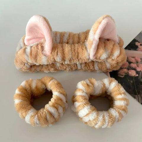 3pcs/set Cute Cat Ear Leopard Print Plush Headband For Women Girls Spa Washing Face and Makeup Headband Elastic Wrist Strap