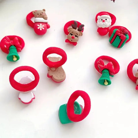 10Pcs Kids Girls Christmas Hair Ties Cute Santa Claus & Reindeer Design Festive Hair Accessories Holiday Parties Decorations