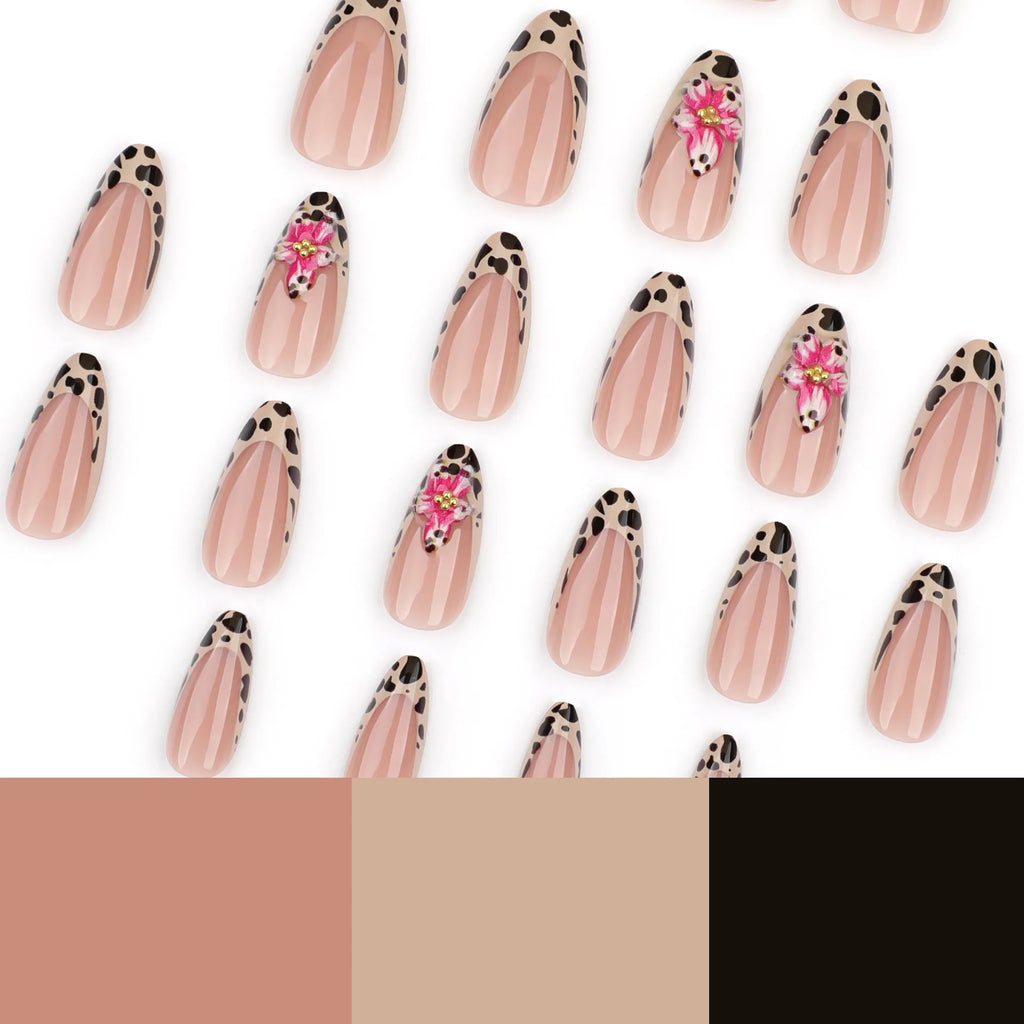 24pcs Brown French Leopard Print Press On Nails Stereo Pink Flower Designs Autumn False Nails Sweet Cool Almond Fake Nail Tips