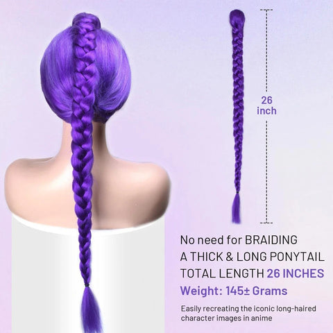 Synthetic Braided Purple Hair Ponytail Rumi Costume Hairstyle 26inch Long Ponytail with Clips for Kids Girls Halloween Christmas