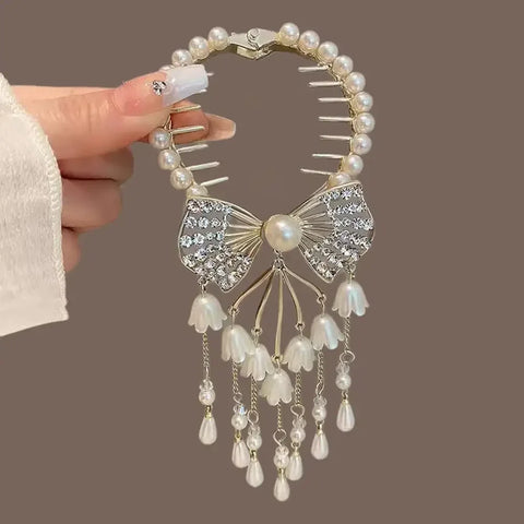 Flower Tassel Hair Clip Women Ladies Butterfly Rhinestone Pearl Metal Hair Claw Round Bun Ponytail Holder Hair Accessories