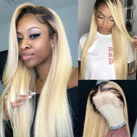 13x6 Lace Frontal Wig Brazilian Straight Human Hair Wig 2 Tone Dark Root 1B 613 Ombre Blonde Lace Front Wigs For Black Women 40"