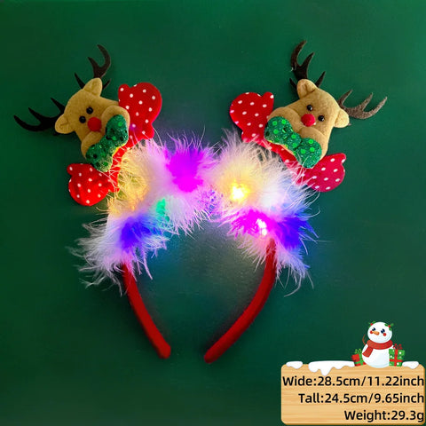 LED Christmas Feather Lighted Headband Santa Claus Elk Glow Hair Band Plush Hair Hoop Children Party Costume Xmas Decoration