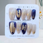 10Pcs French Style Almond Shape Blue Denim Gilded Baroque Press on Nails Manicure Starry Moon Gilding With Cat Eye Fake Nails