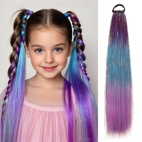 Purple Red Pink Tinsel Ponytail Extension with Elastic Hair Tie Synthetic Braiding Hair For Kids Girls Crazy Hair Day Brave Hair