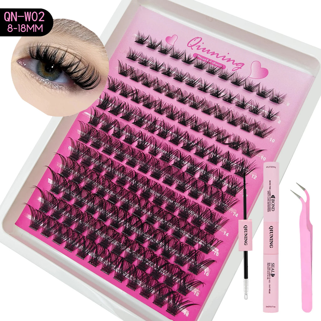 QIUNING Manga Lash Clusters Kit Cat Lashes with Lash Bond & Seal Cluster Eyelash Extensions Mixed Tray Eyelash Clusters Kit