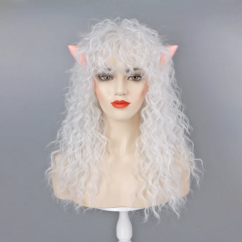 White Curly Wig and Elf Ears for Women Costume Long Curly with Bangs Heat Resistant Synthetic Cosplay Halloween Christmas Party