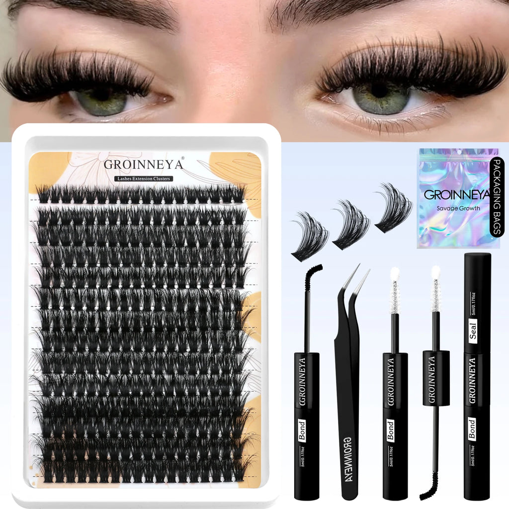GROINNEYA Lash Clusters Kit With Waterproof Strong Hold DIY Lash Extension Kit Lash Bond And Seal And Eyelash Tweezers Makeup