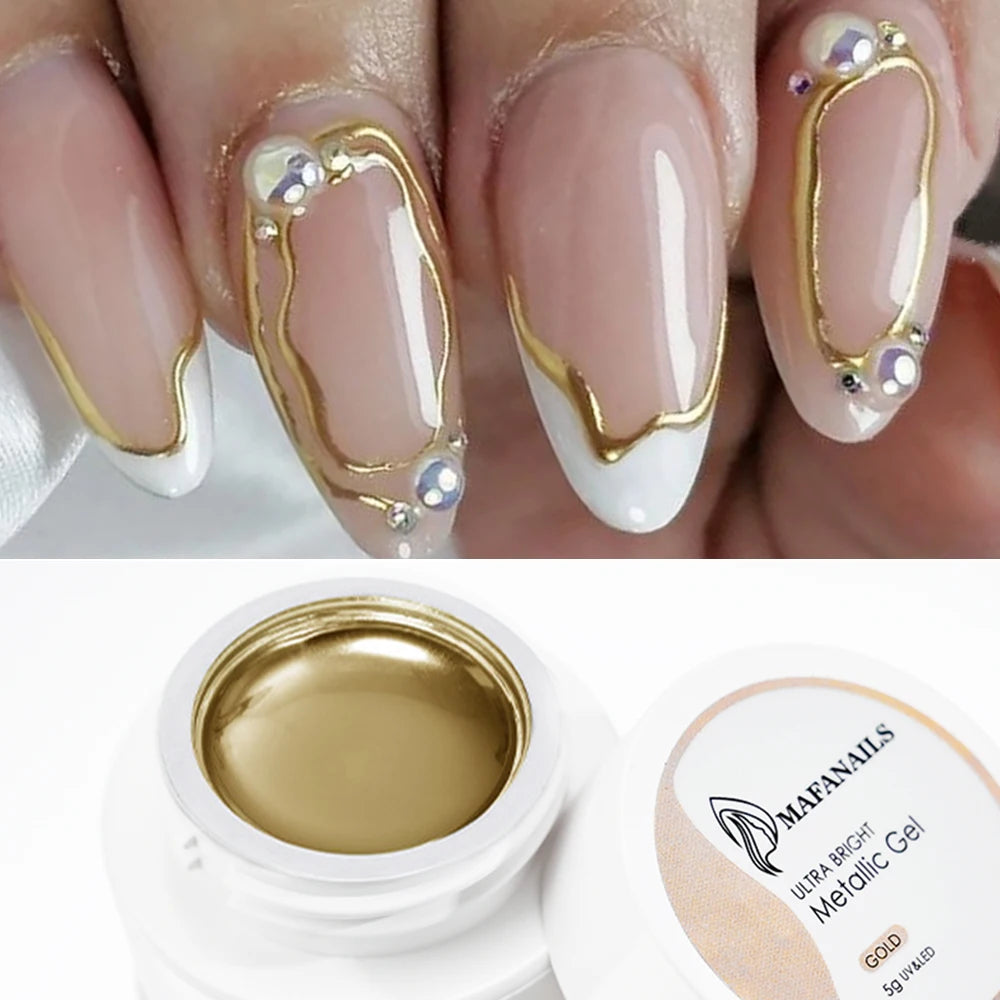 Gold Metallic Painting Nail Gel Liner Polish,3D Metal Mirror Effect Paint Drawing Nail Gel Build-in Brush Soak Off UV Chrome Gel