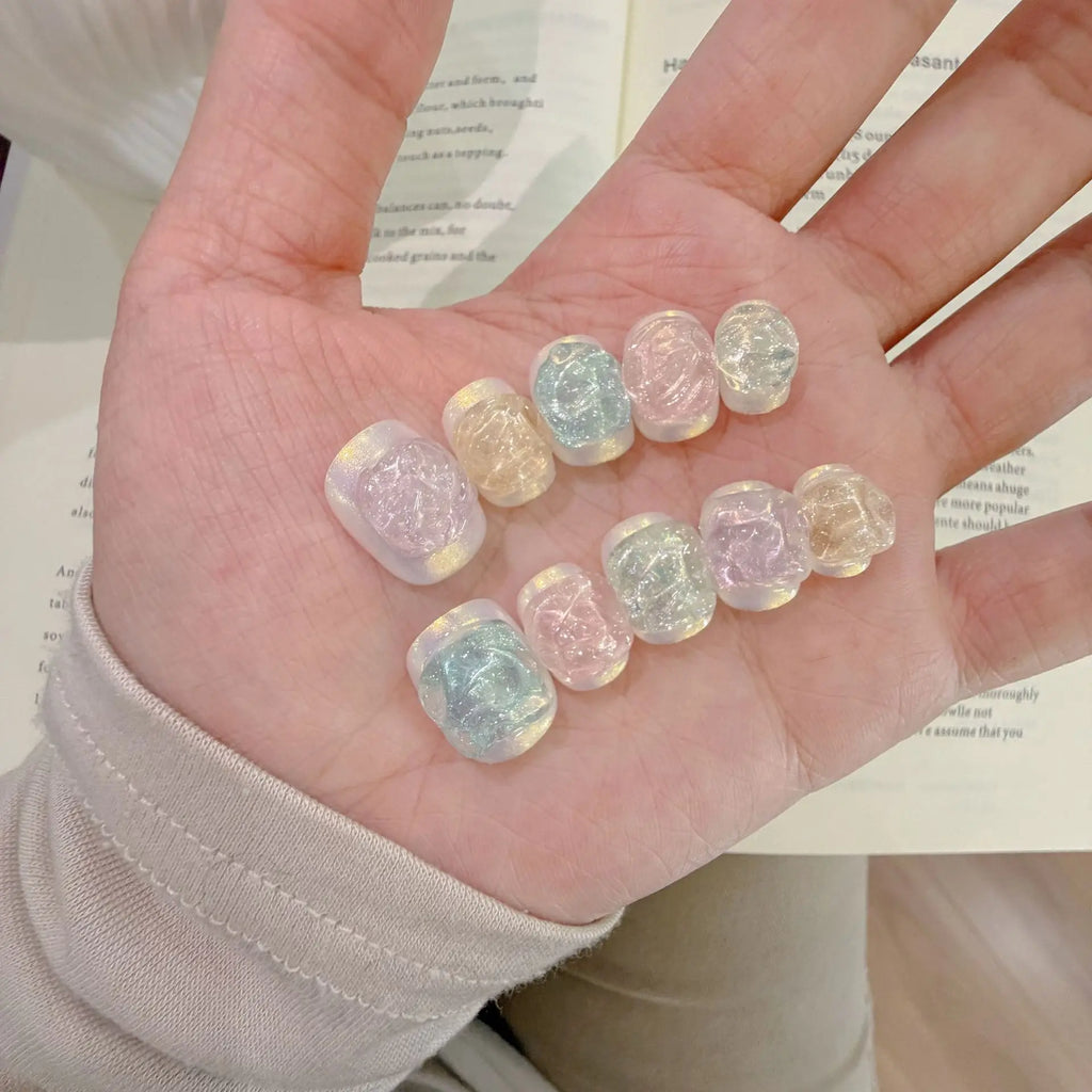 10pcs Handmade Press on Nails Short Square Watermelon Star-Moon  Full Coverage Nail Tips for Women&Girl Removable Wearable nail