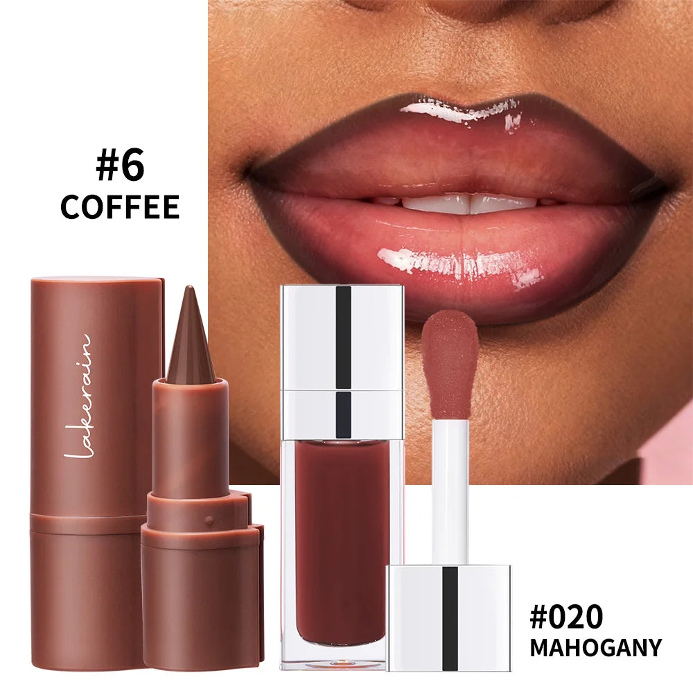 Matte Lip Makeup Kit 2pcs Waterproof Long Lasting Lip Liner and Lip Oil Combo Red Brown Pink Nude Tones Lipstick Set
