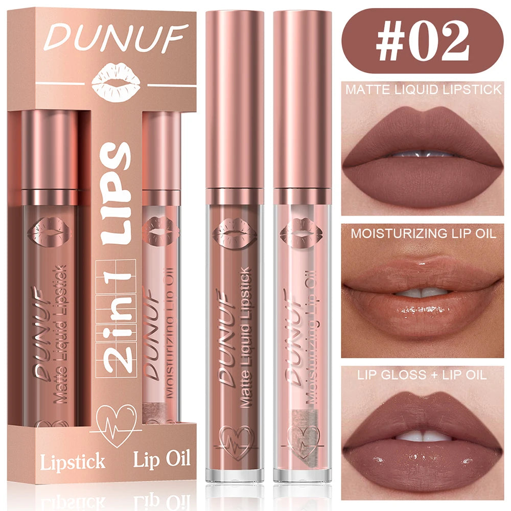 DUNUF Lip Gloss And Lip Oil Set 2-Piece Long-Lasting Waterproof Matte Moisturizing Non-Fading Lipstick Collection
