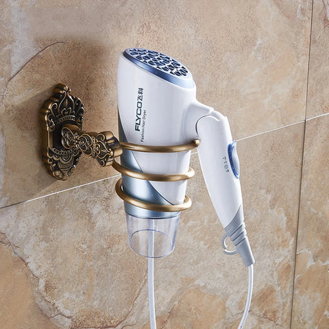 Hair Dryer Holder Aluminum Antique Bathroom Shelf Storage Nail Free Wall Shelf Mounted Organizer Spiral Stand Toothbrush Holder