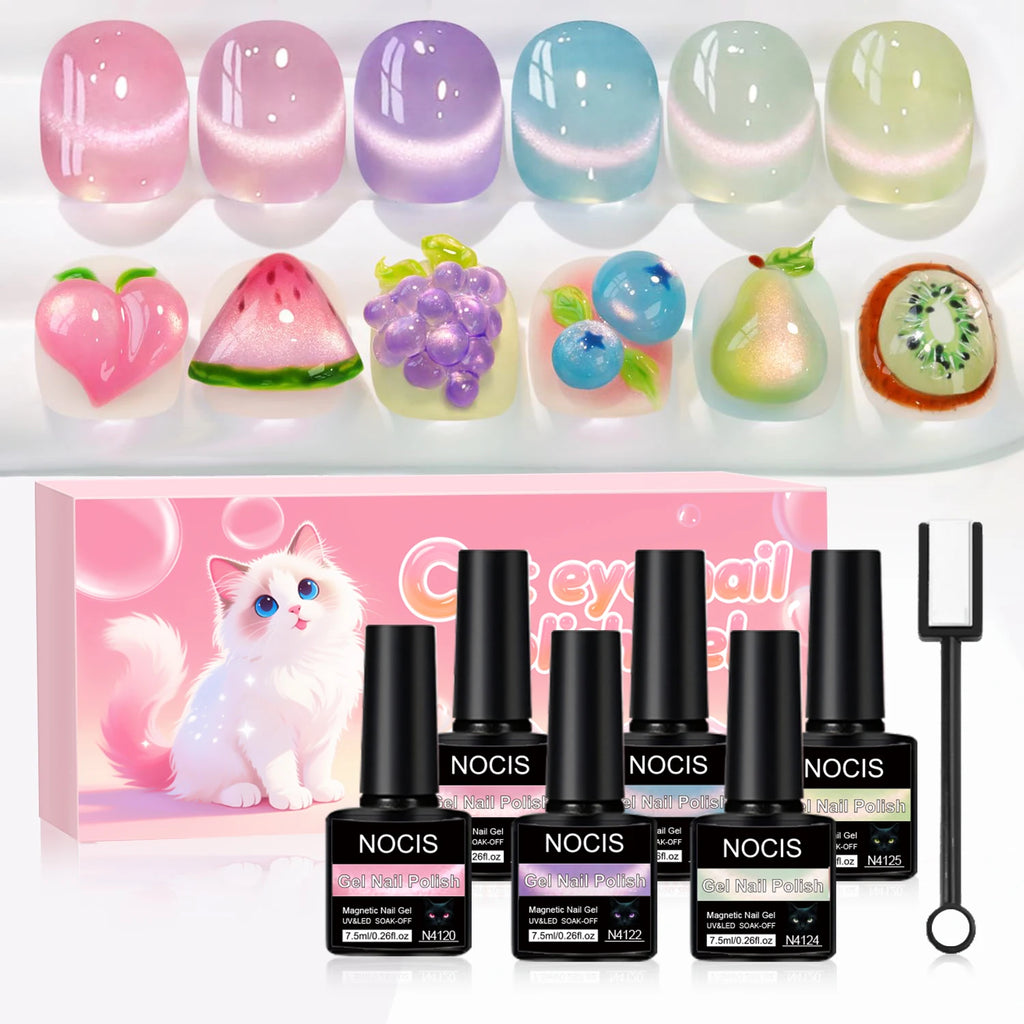 NOCIS Bottle Fruit Cat Eye 6-color Set -- Ultra Bright Cat Eye Nail Kit, 6 Colors of Magnetic Gel Polish Stylish Salon