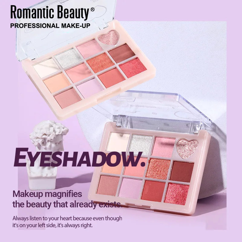 12-in-1 Eyeshadow Palette - Heart Design with Matte & Shimmer Browns, Soft Micro-Sparkle, Long-Lasting & Highly Pigmented
