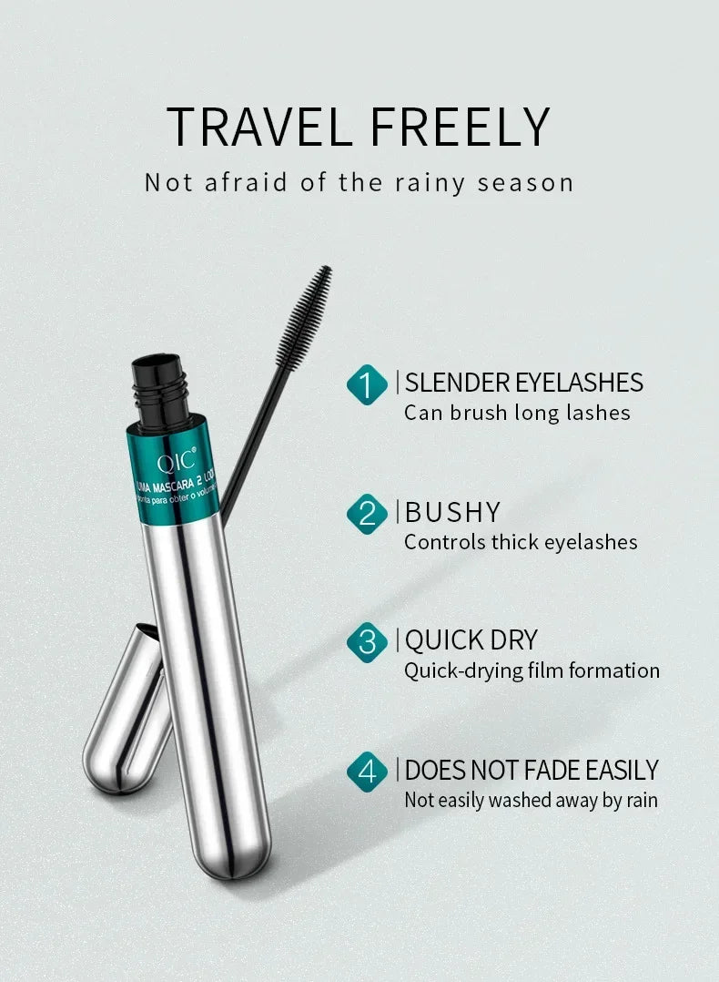 QIC Double Effect 4D Mascara Waterproof Long Curl Natural Thick Eyelash 2-in-1 Black Mascara with 2 Brush Heads