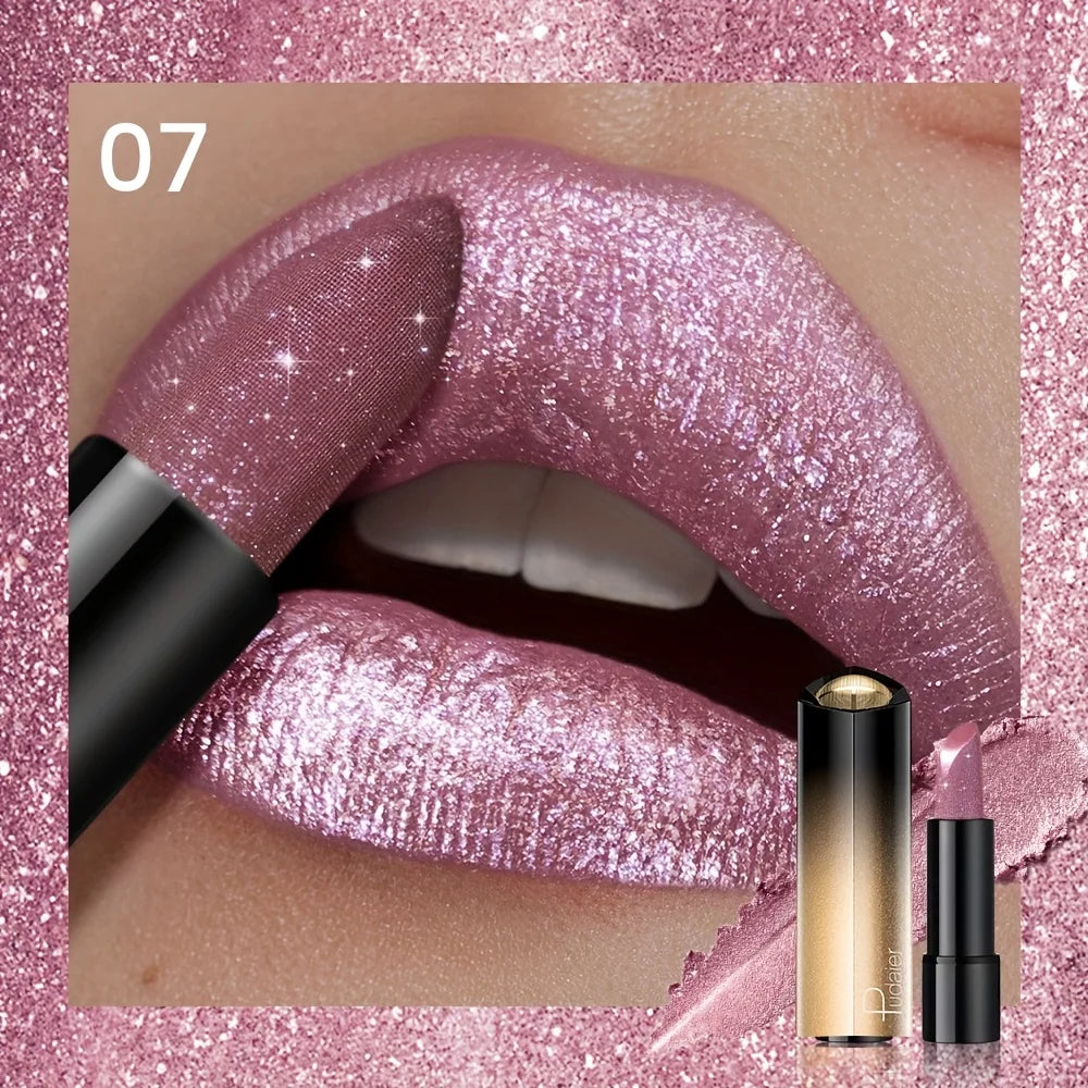 Metallic Shimmer Lipstick, Pearly Glitter Shine, Creamy Texture, High Color Payoff, Smooth Apply, Party Makeup