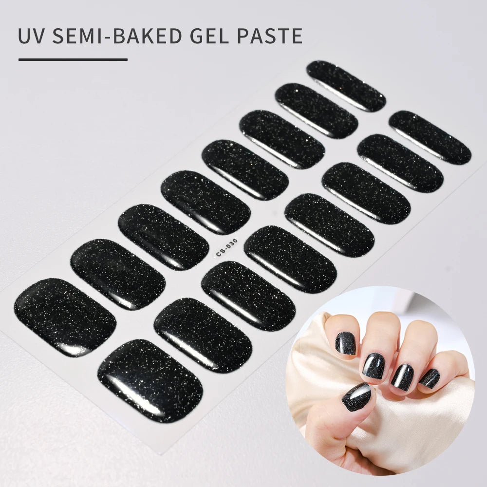 16Tips French Black Semi-Cured Nail Stickers With Glitter Long-Lasting UV Gel Nail Polish Wraps Full Cover Nail Art Decals Patch