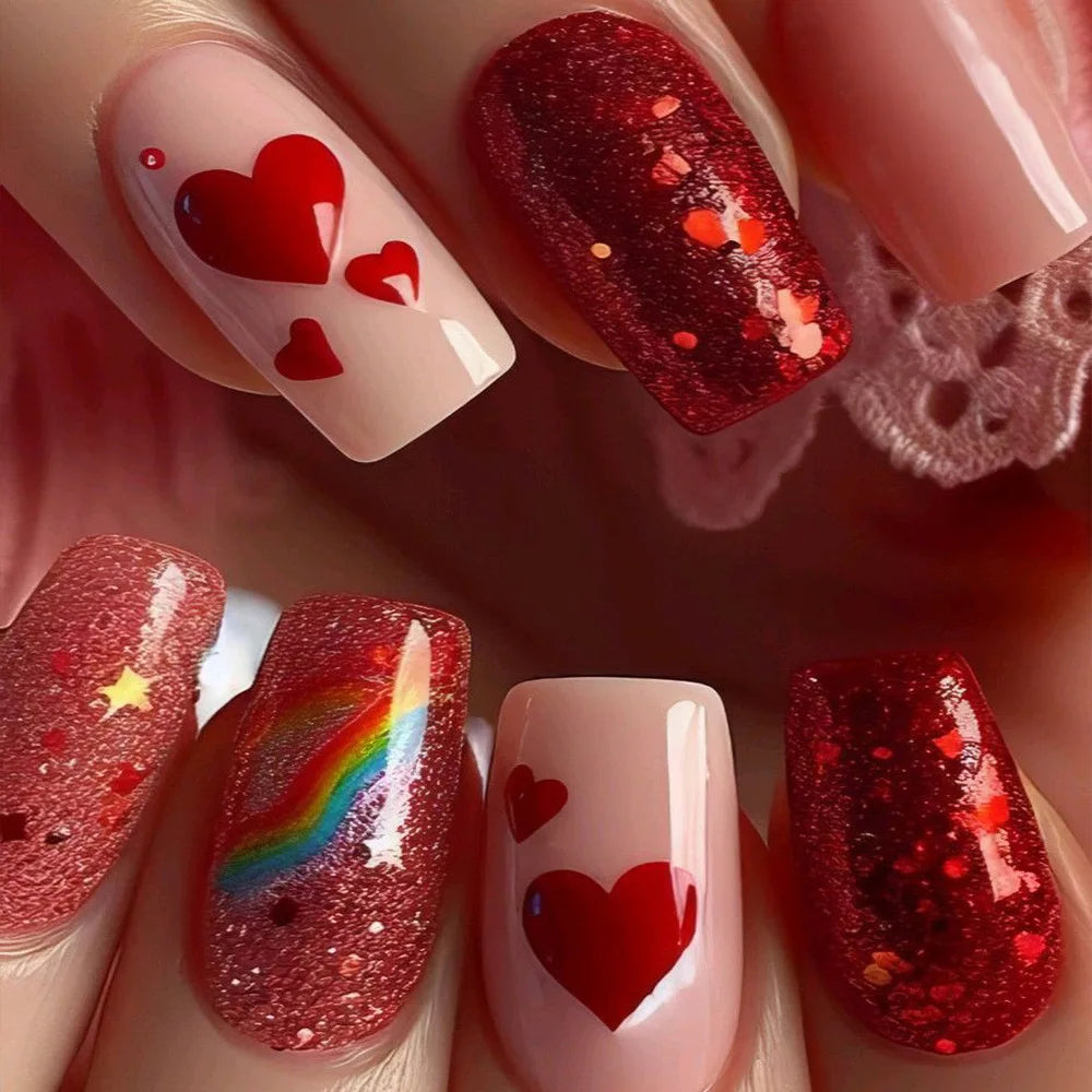 24pcs/set Medium long square fake nails for women girls cute heart flowers feather butterfly design press on false nail art tips