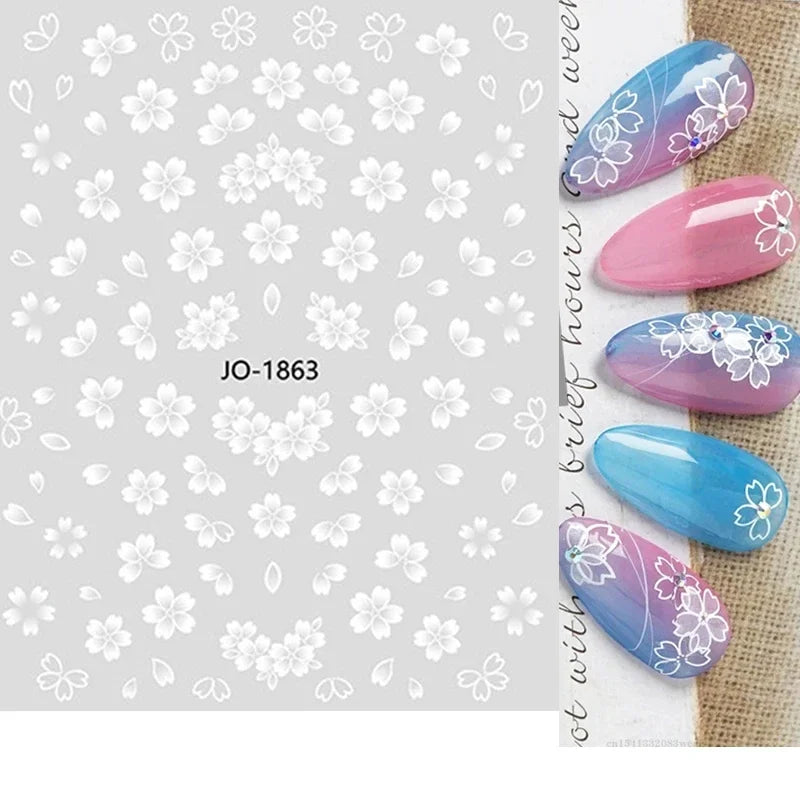 1pcs Sakura Flower 3D Nail Stickers White Cherry Blossom Nail Art Decals Spring Summer Adhesive Slider Decor Wedding Manicure