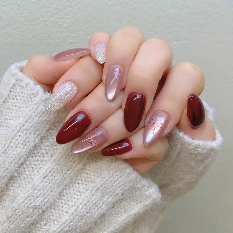 24pcs Glossy Red Cat's Eye Press On Nails Full Cover Nude Color Wearable Almond False Nails Charms Detachable Fake Nail For Girl