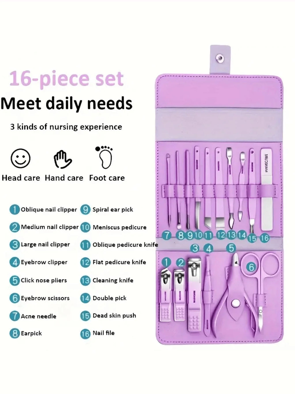 16pcs Stainless Steel Manicure & Pedicure Tool Set, Nail Care Kit, Suitable For Home, Office, Outdoor Travel, Gifts, Nail Salons, Back To School