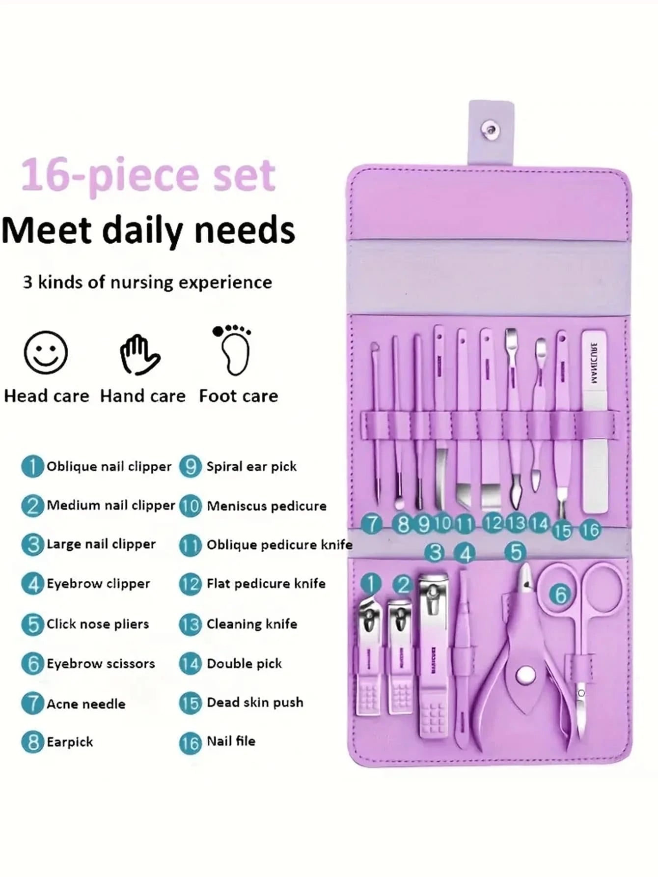 16pcs Stainless Steel Manicure & Pedicure Tool Set, Nail Care Kit, Suitable For Home, Office, Outdoor Travel, Gifts, Nail Salons, Back To School