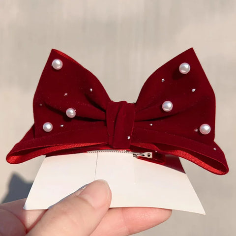 1pc Autumn/Winter New Year Wine Red Velvet Big Bow Hairpin Headpiece Celebrating Christmas Girl Hair Hairpin Accessories