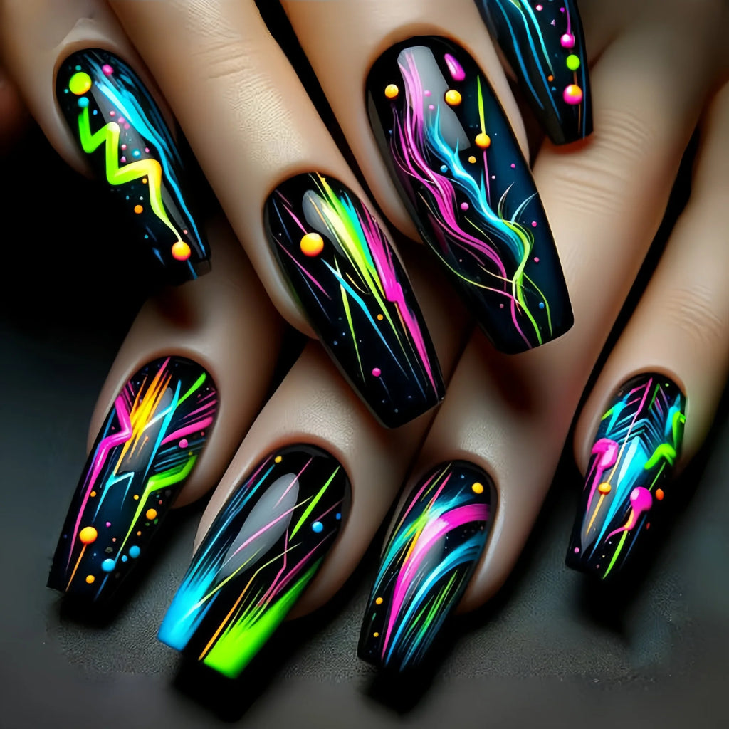 24pcs/set Medium long square fake nails for women starry sky gradient black blue purple moon star design press on false nails