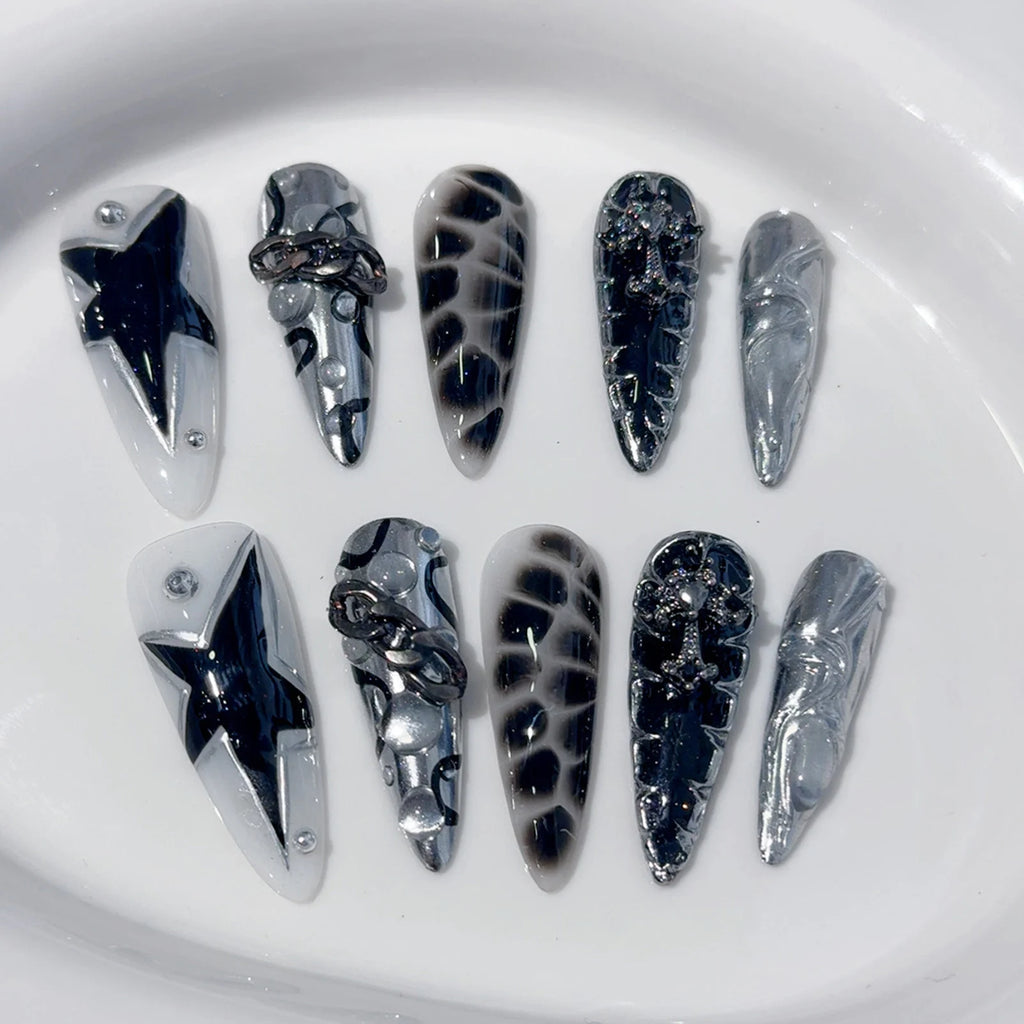 Handmade Press on Nails Punk Cool Black Star Crocodile pattern False Nails Heavy Metal European Black Almond Fake Nail Patches