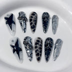 Handmade Press on Nails Punk Cool Black Star Crocodile pattern False Nails Heavy Metal European Black Almond Fake Nail Patches