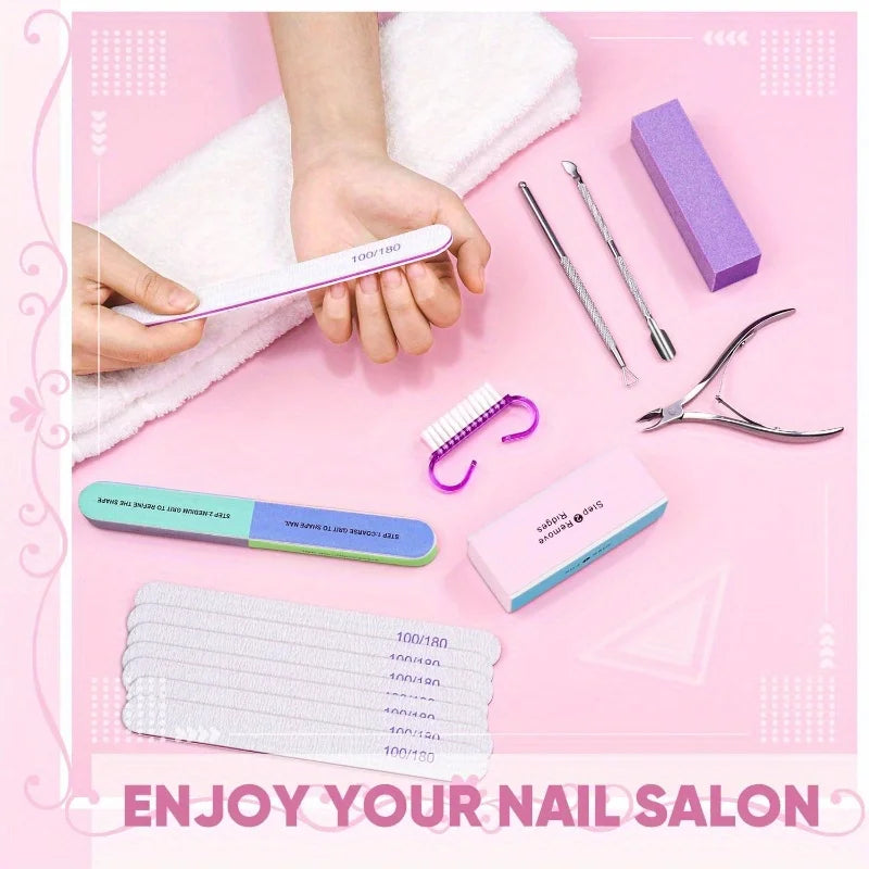 10/15pcs Professional Nail Art Kit with 100/180 Grit Files,Buffer Sponge,Brush,Scissors,Cuticle Nippers Pushers Gel Polish Tools