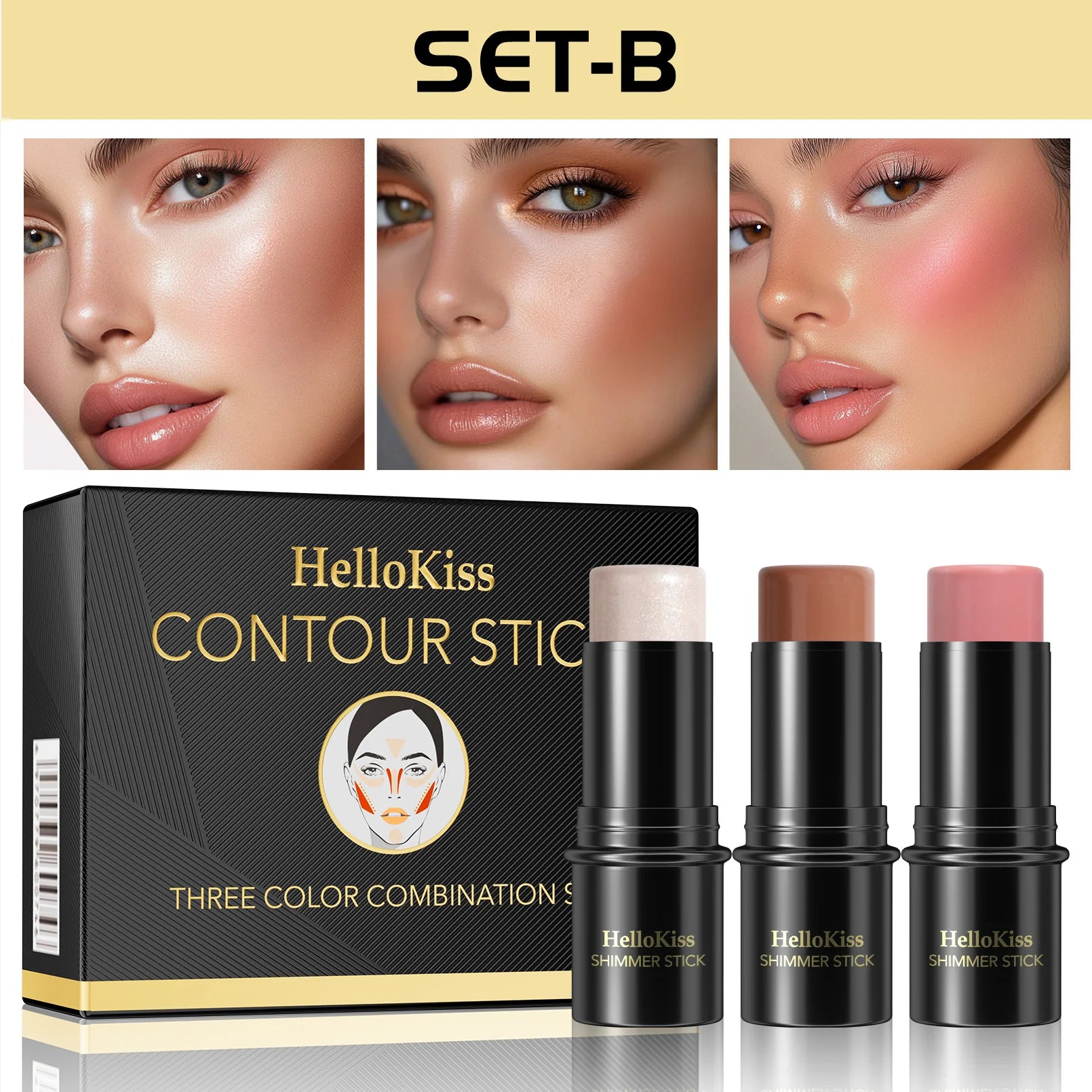 4pcs Contour Stick, Highlighter Stick, Blush Stick 4pcs Cream Contour Kit with Contour Brush, Create Face Contour, Non-greasy