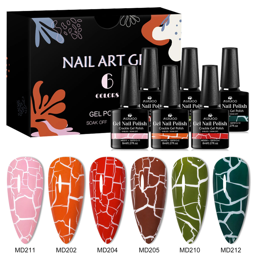 6pc Crackle Gel Nail Polish Set Quick Dry Nail Supplies Varnishes Hybrid Semi Permanent Soak Off Manicure for Nails Design