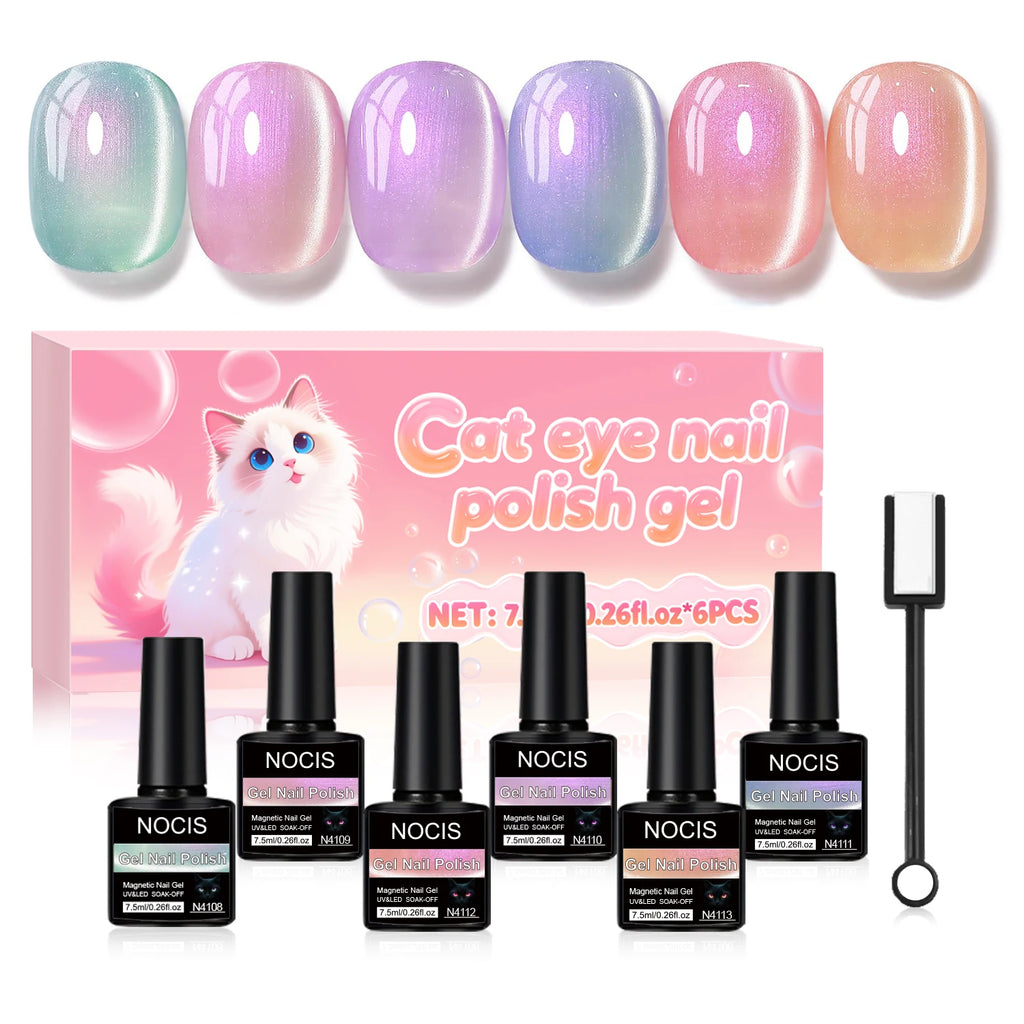 NOCIS Bottle Fruit Cat Eye 6-color Set -- Ultra Bright Cat Eye Nail Kit, 6 Colors of Magnetic Gel Polish Stylish Salon