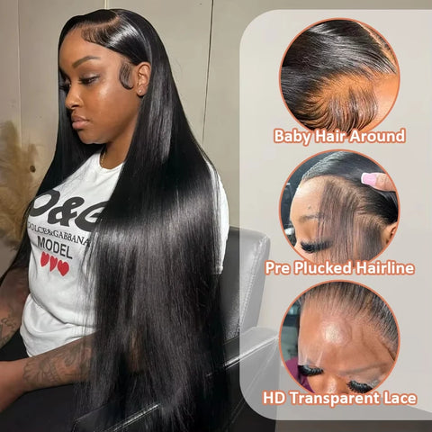 40 50 Inch Straight Human Hair Wig 13x6 HD Lace Frontal 100% Human Hair Wigs 250 Density Remy Pre Plucked Lace Front Closure Wig