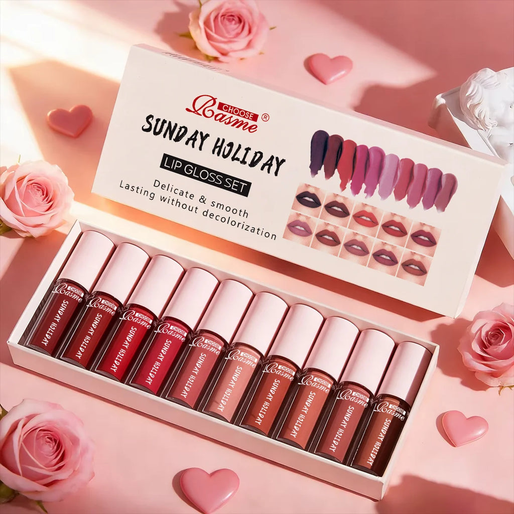 10 Color Mouth Red Lip Glaze Makeup Set, Exquisite, Practical, Portable Lipgloss Lipstick Set Valentine's Day gift