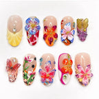 24pcs Tropical Flower Press On Nails Colorful French 3D Crystal Butterfly Shells Pattern Printed False Nails Almond Fake Nail
