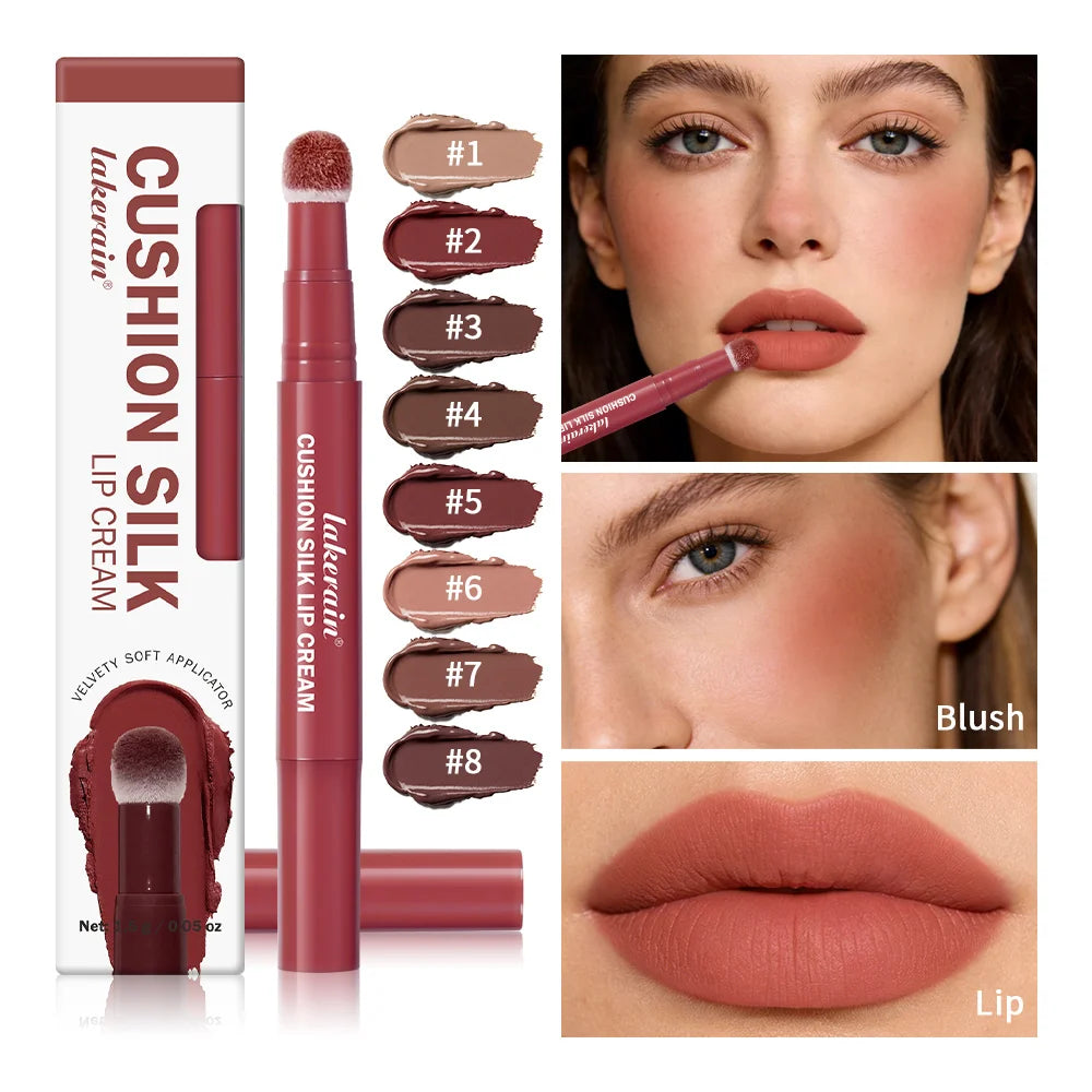 Lip Stain Air Cushion Lip Cream 2 in 1 Lip&Blush Waterproof Matte Lip Glaze Mouth Red Lip Mud Non-fading Non-stick Cup Makeup