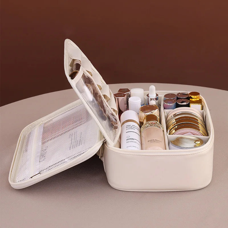 Wholesale PU Large Capacity Tote Makeup Bag Travel Organizer Tolietry Cosmetic Storage Bag Luxury Women Double Layer Pouch