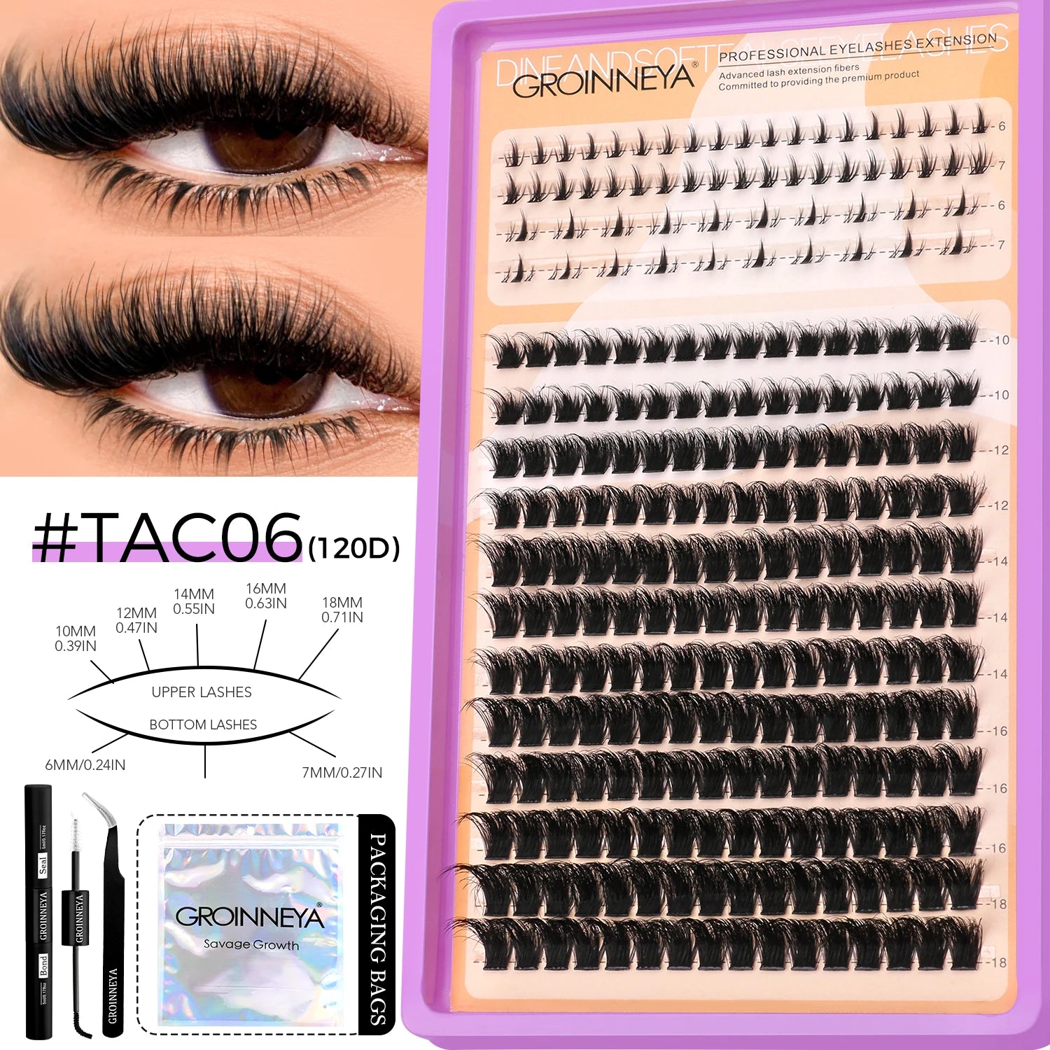GROINNEYA Lashes Clusters Kit With Lash Bond And Seal And Eyelash Tweezers Waterproof Strong Hold DIY Lash Extension Kit Makeup