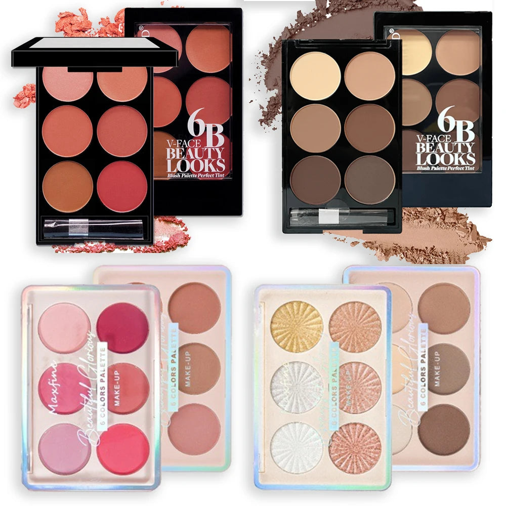 6-color blush and contouring all-in-one palette, pearlescent matte powder makeup palette glitter highlighter brighten palette