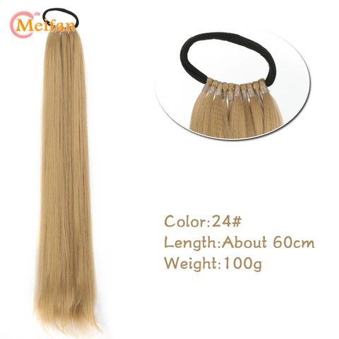 MEIFAN 24 Inch Synthetic Ponytail Extensions Black Natural Braided Pony Tail Hairpiece Long Straight Rubber Band Hair For Women